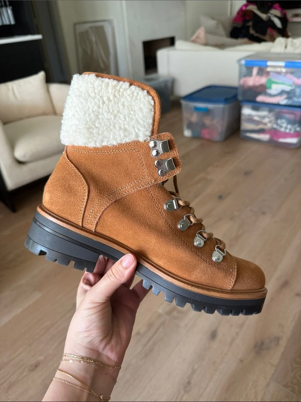 Marc Fisher Women's Tan Suede Shearling-Collar Hiking Boots